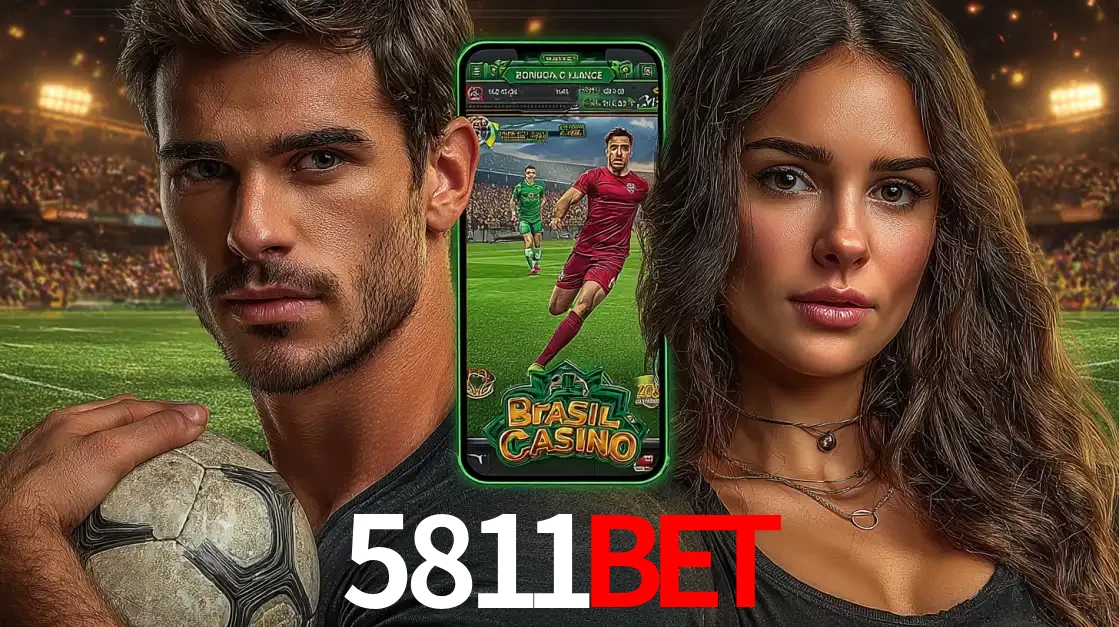Homem segurando uma bola de futebol e uma mulher ao lado de um smartphone exibindo o jogo de apostas esportivas da 5811bet. Faça seu palpite no cassino online.